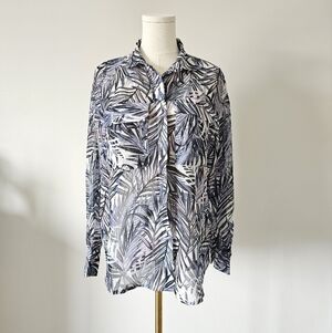 Simon Chang Xs Leaf Print Sheer Blouse Long Sleeve Button Up